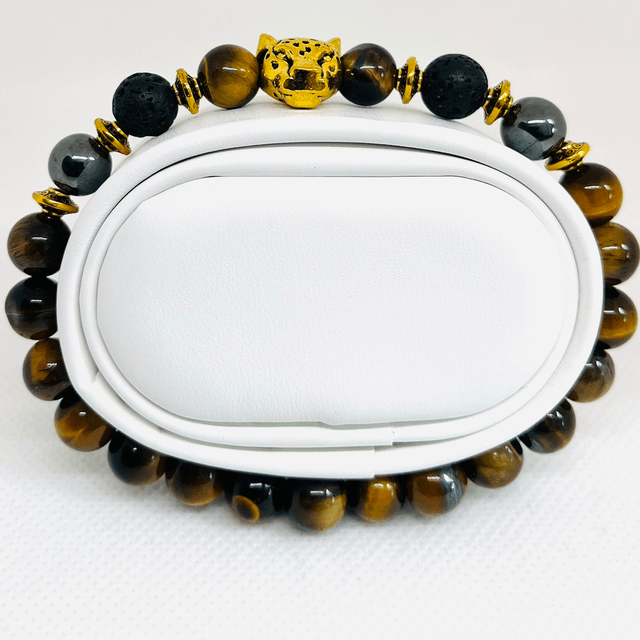 Golden Instinct – Armband met Tijgeroog & Luipaardkop