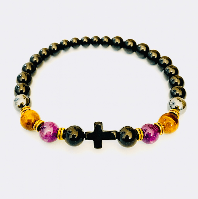 Stoere Herenarmband met Onyx, Tijgeroog & Amethist – Handgemaakt met Kruis Accent