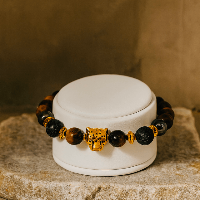 Golden Instinct – Armband met Tijgeroog & Luipaardkop