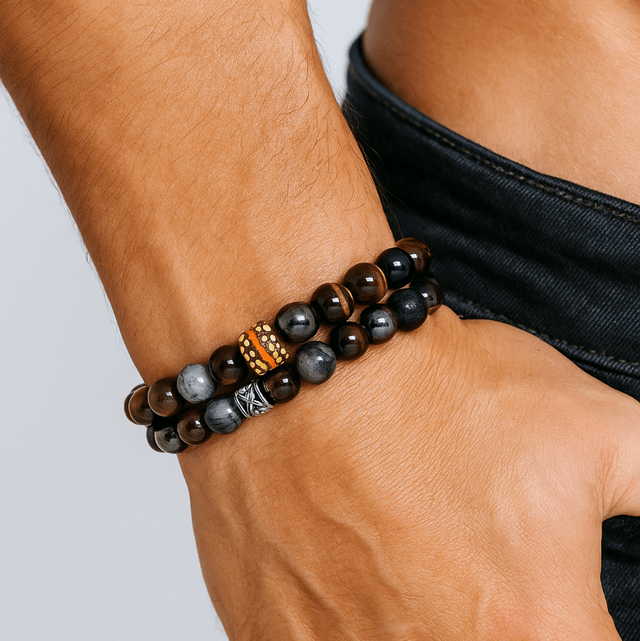 Desert Warrior – Herenarmband met Krobo-kraal en Tijgeroog