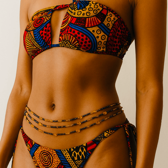 Sunset Flame Heupketting 120cm – Goudbruin & Oranje Kralen | Handgemaakte Waist Beads 