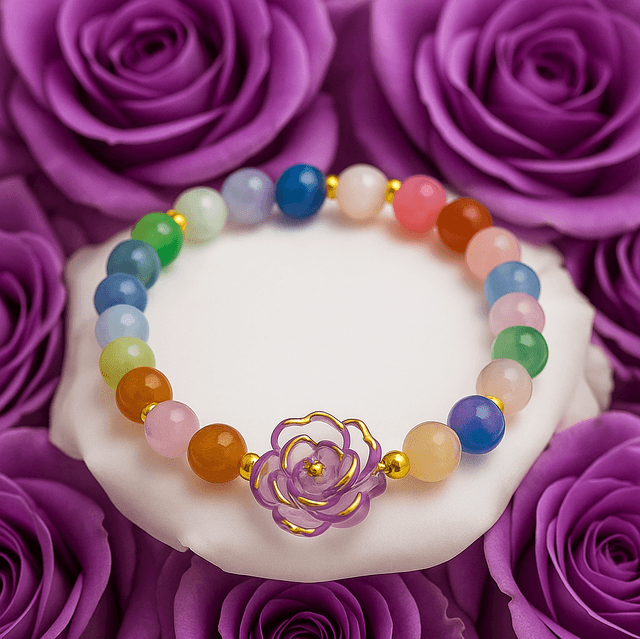Lavender Grace” – Luxe Armband met Pastelkralen & Paarse Gouden Bloem