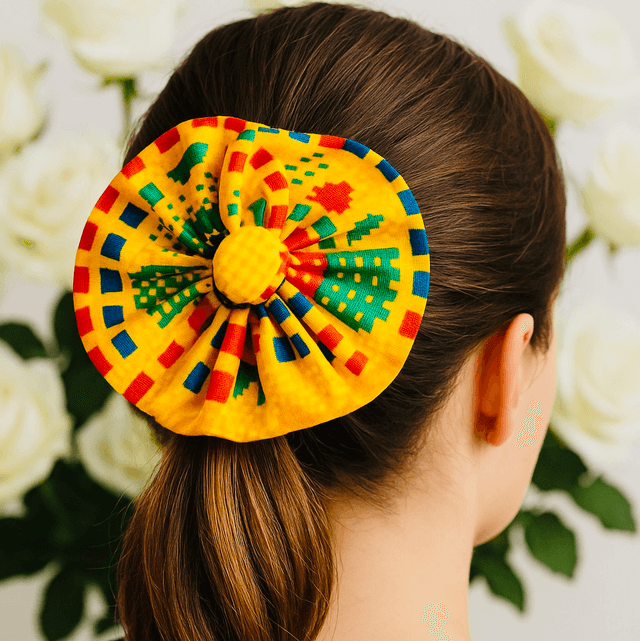 Gele Kente Haarbloem met Elastiek – Handgemaakte Afrikaanse Haaraccessoire van 100% Katoen