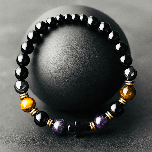 Stoere Herenarmband met Onyx, Tijgeroog & Amethist – Handgemaakt met Kruis Accent