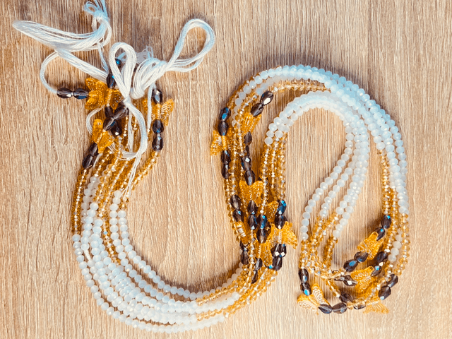 Golden Wings Heupketting 120cm – Goud, Paars & Vlinderkralen | Handgemaakte Waist Beads