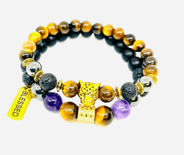 Golden Guardian – Luxe Herenarmbandenset met Tijgeroog en Amethist