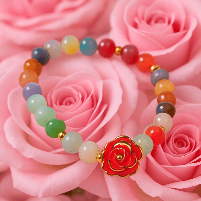 Bloom in Color” – Handgemaakte Armband met Regenboogkralen & Rode Roos
