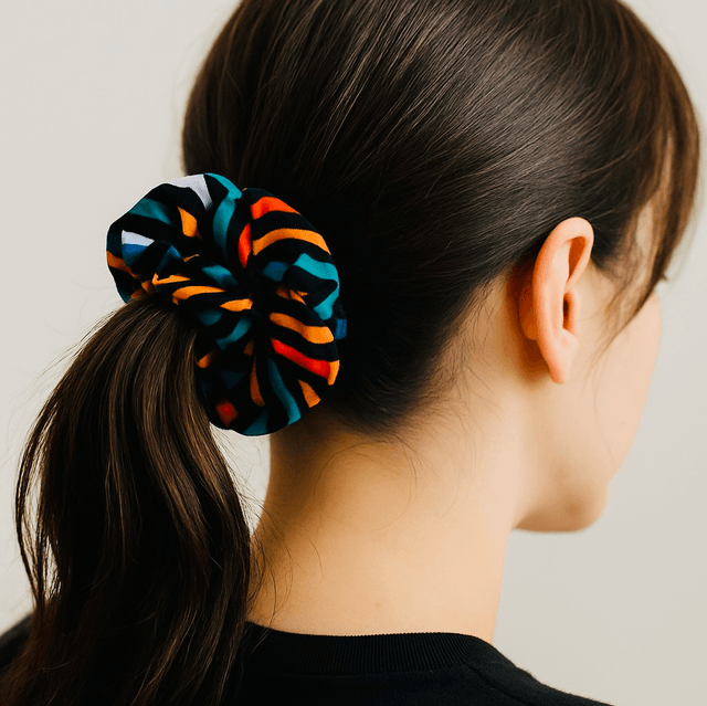 Afrikaanse Scrunchie “Zebra Glow” – Handgemaakte Haaraccessoire met Tribal Geometrisch Design