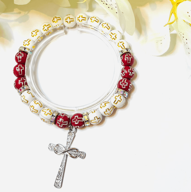 Sacred Strength” – Geloofsarmband in Rood & Wit met Zilveren Kruis