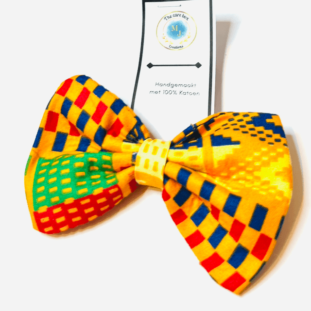 Kente Haarvlinder met Elastiek – Handgemaakte Geel, Rood, Blauw &amp; Groen Haarstrik van 100% Katoen