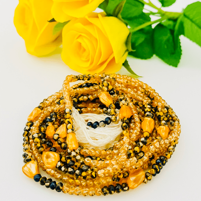 Sunset Flame Heupketting 120cm – Goudbruin &amp; Oranje Kralen | Handgemaakte Waist Beads 