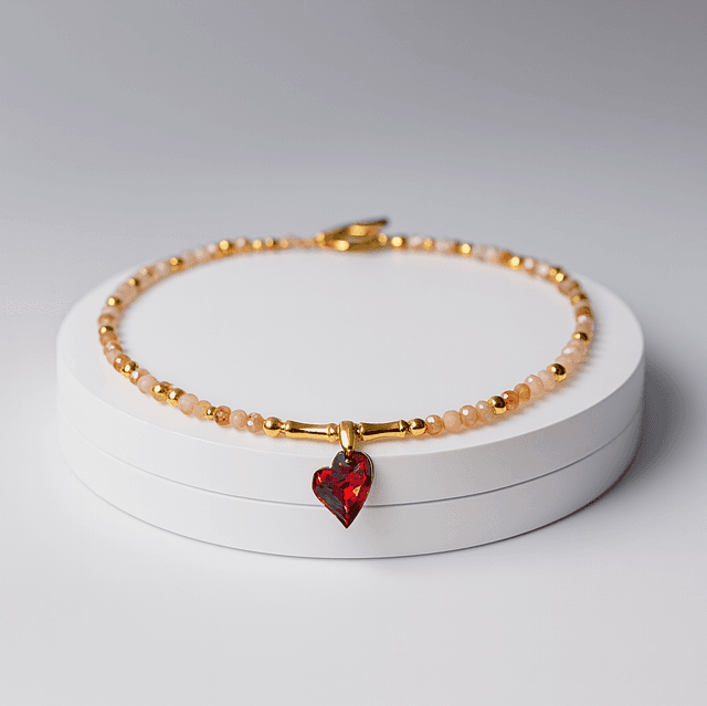 Handgemaakte Choker Ketting met Hart Hanger – Natuursteen en Goudkleurige Accenten